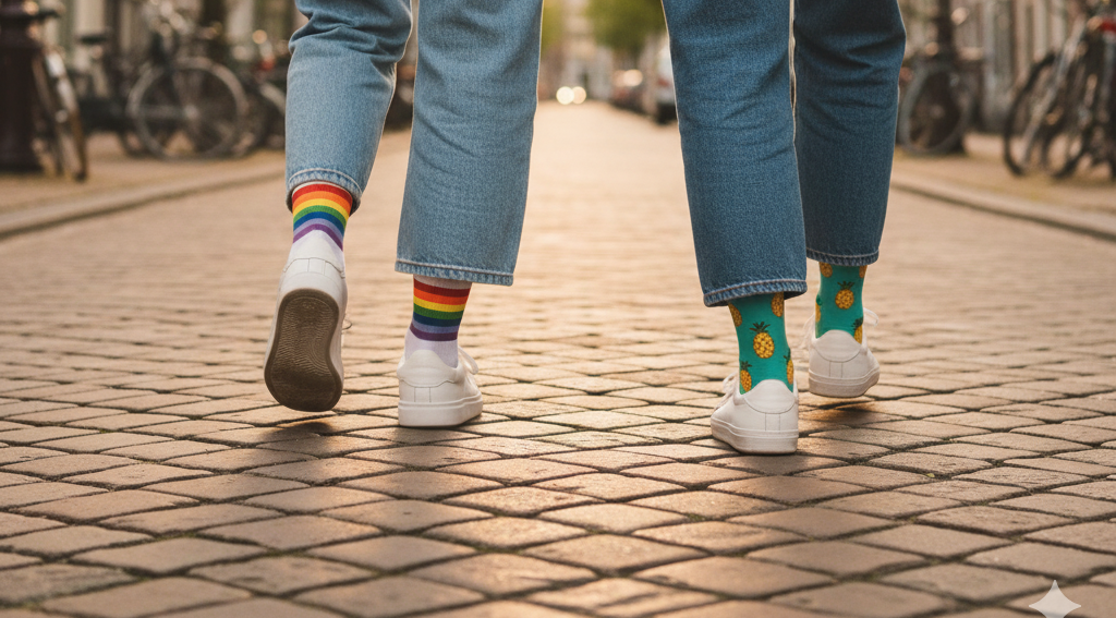 Twee paar vrouwen benen lopend over straat.